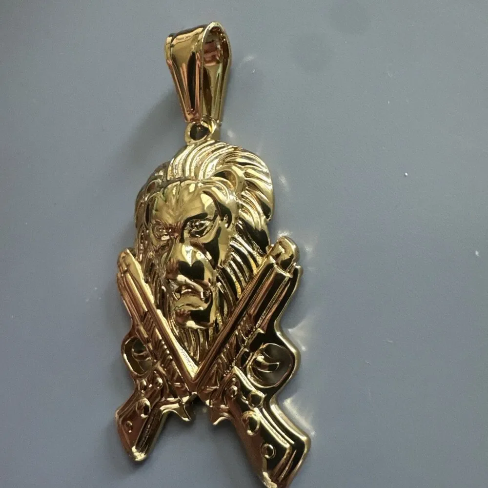 Double Gun Lion Tiger Pendant Stainless Steel 24 Inch Chain Gold Hunter Hip Hop